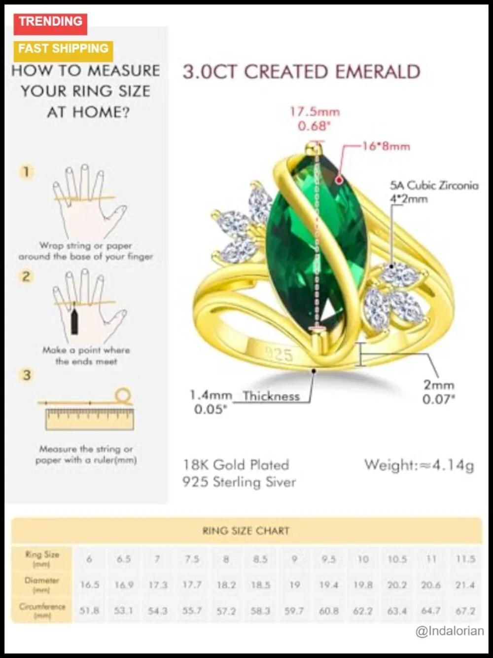 925 Sterling Silver Marquise Created Emerald Engagement Ring